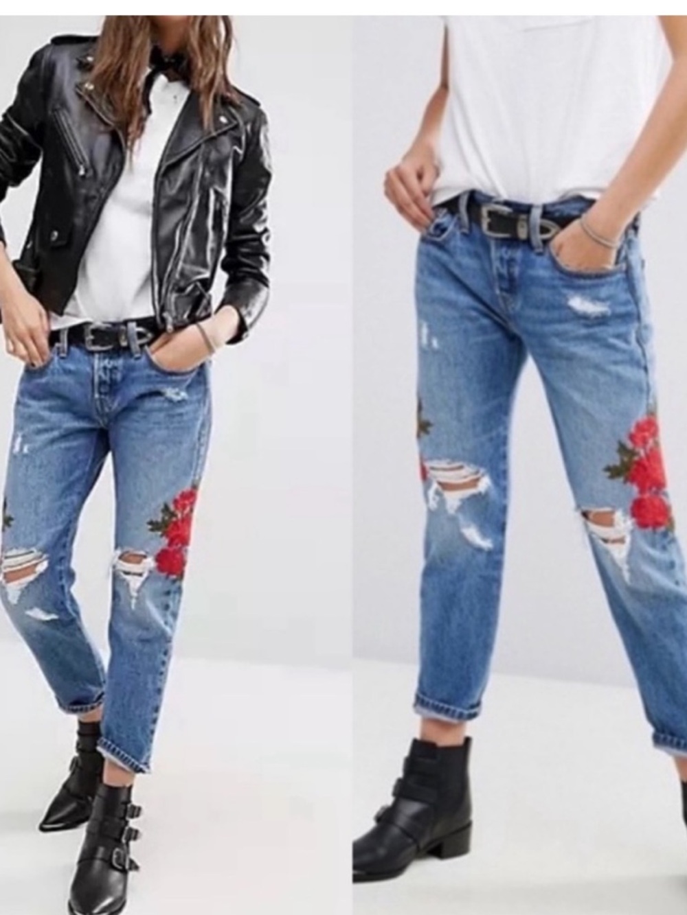 Vintage Levis Jeans with Red Roses Embroidery -Blue Denim tapered 501 jeans